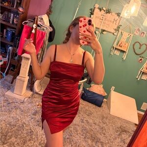 Red Satin Bodycon Mini Dress with Spaghetti Straps